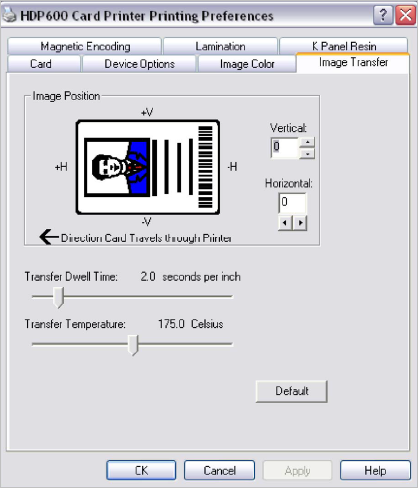 HDP 600 Card Printer Printing Preferences dialog box displaying the Image Transfer tab with various transfer options